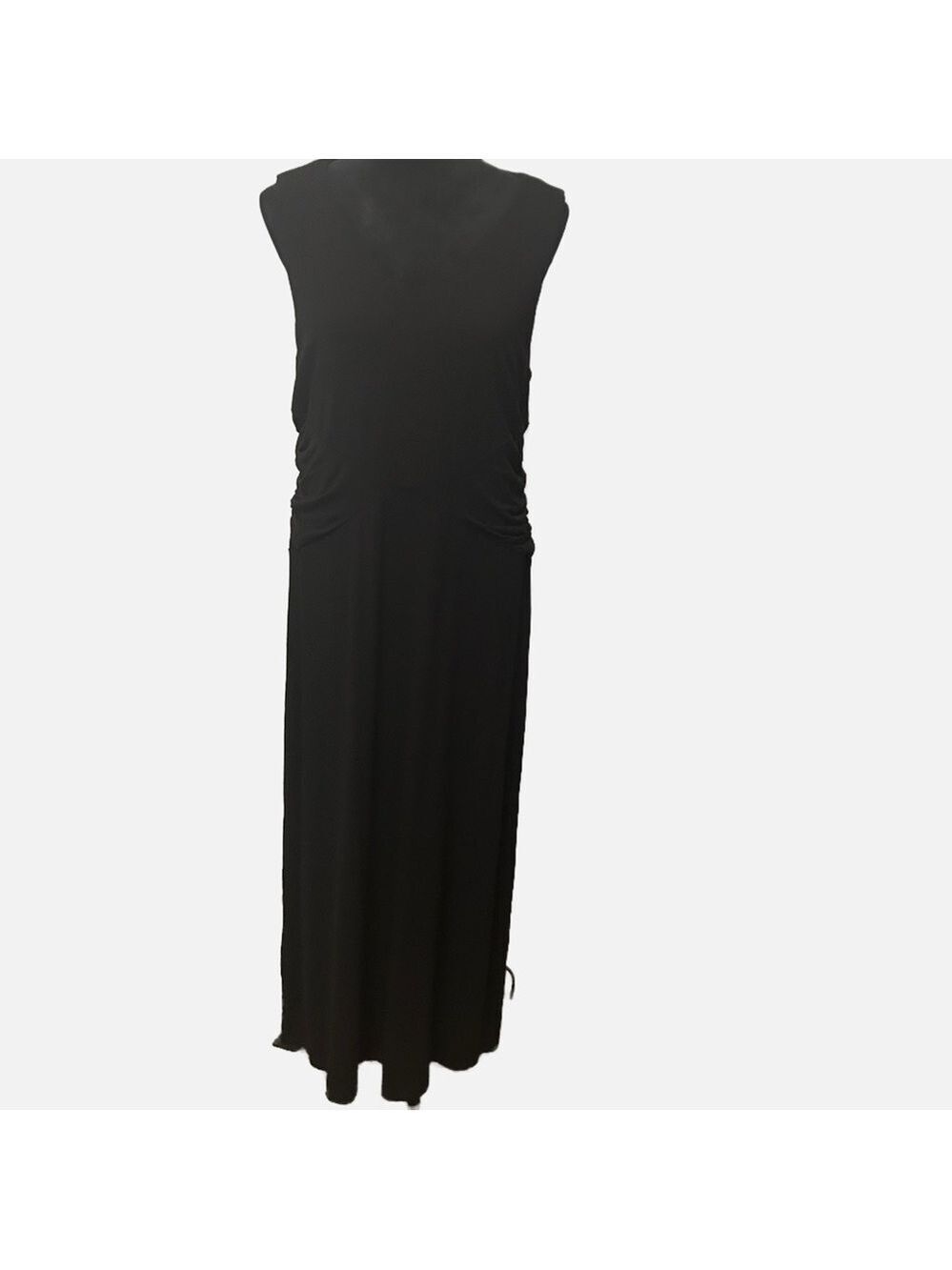Chicos 2 Maxi Dress 12/14 Black Sleeveless Shift Stretched Ruched Resort Wear
